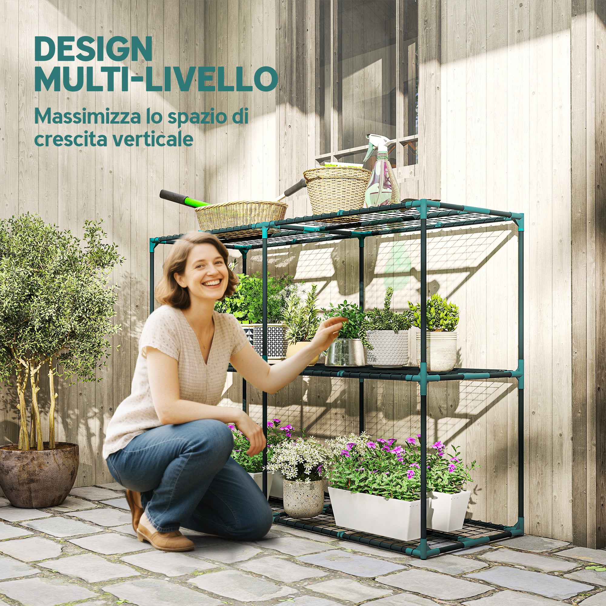 Outsunny 3-Tier Open Plant Stand in Steel and Plastic, 143x48x100 cm, Dark Green