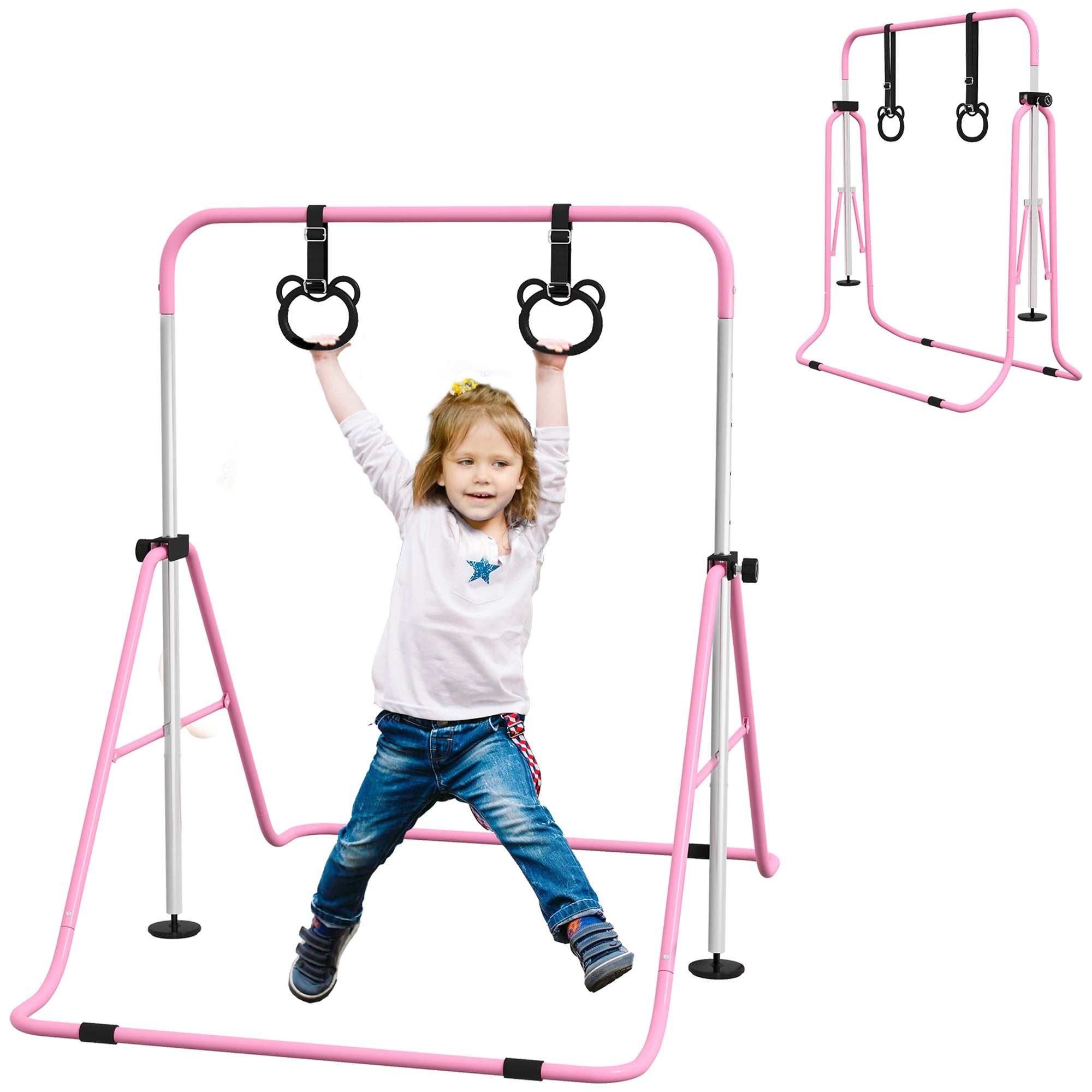 Height Adjustable Gymnastics Bar for Children with 2 Rings, Steel, 148x105x88-128 cm, Pink
