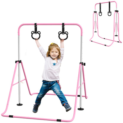 HOMCOM Artistic Gymnastics Bar for Children with Adjustable Height with 2 Rings, in Steel, 148x105x88-128 cm, Pink