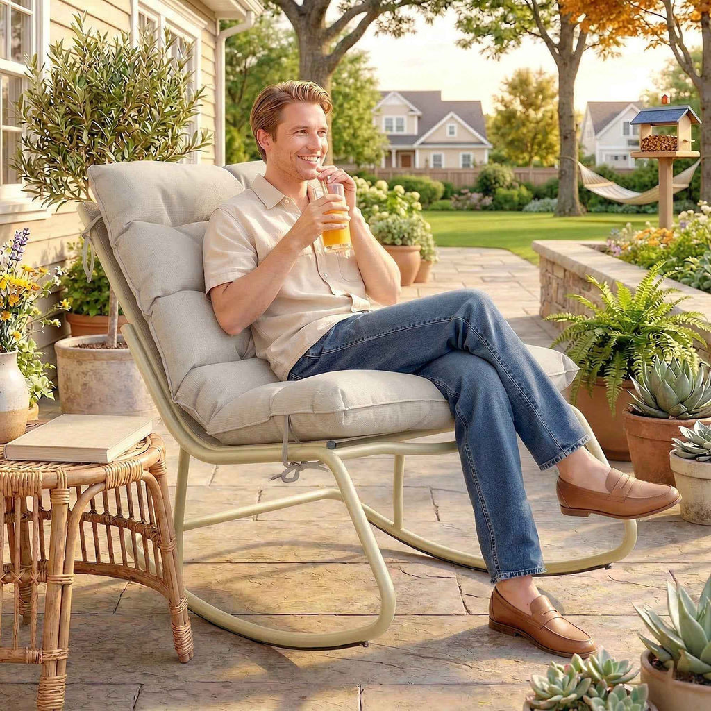 Outsunny Outdoor Rocking Chair, Seat 63 cm, Cushion Included, Khaki Color.