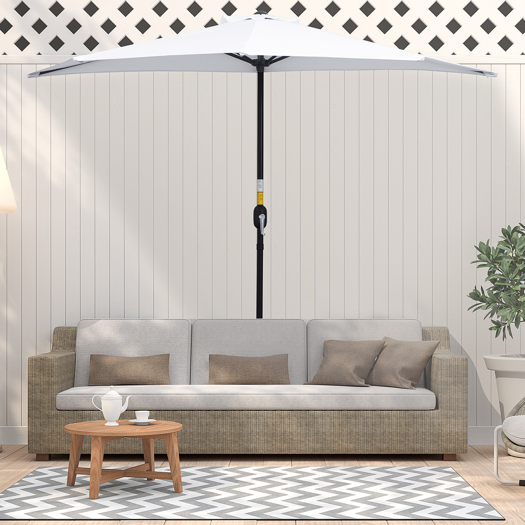 Crescent Moon Terrace Umbrella with Crank Opening and 2-Section Pole, 2.6x1.35 m, White
