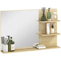Modern Bathroom Mirror with 2 Side Shelves and Bottom Shelf, in Wood and Glass, 75x10x48 cm, Wood Color