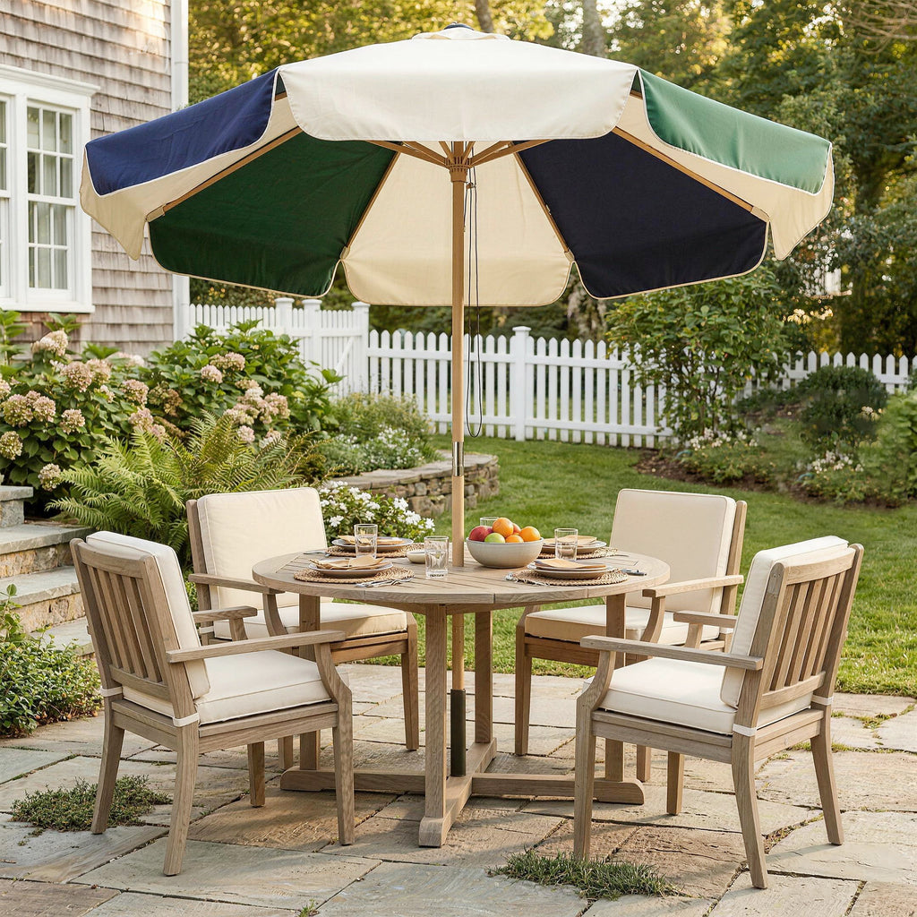 Outsunny Garden Umbrella with Wood Effect Frame, Color Block Canopy with 8 Ribs, UV 30+