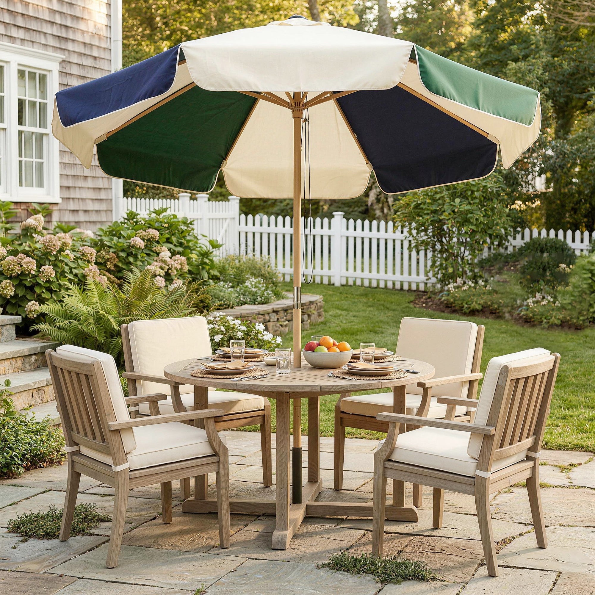 Outsunny Garden Umbrella with Wood Effect Frame, Color Block Canopy with 8 Ribs, UV 30+