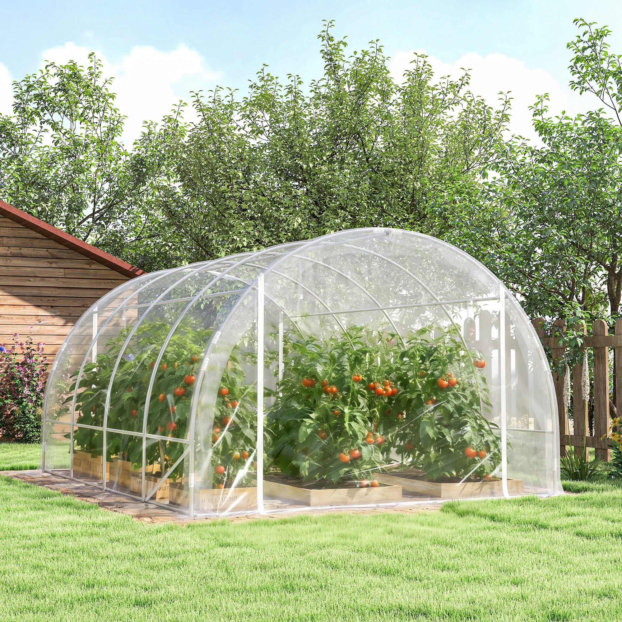 Outsunny 3x4x2 m Tunnel Greenhouse with Roller Doors, Steel Frame and Anti-UV PE Cover, Transparent