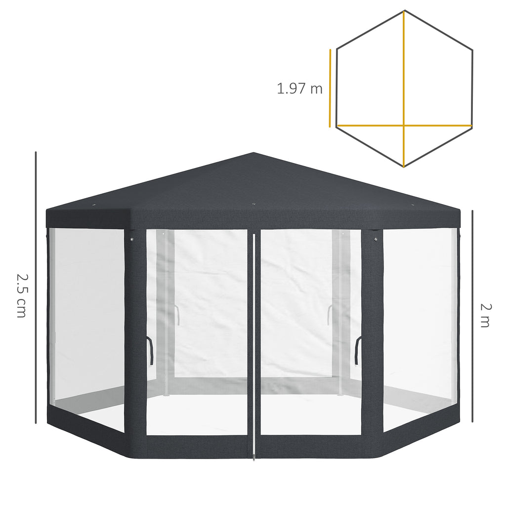 Outsunny hexagonal garden gazebo with double entrance, in metal and polyester, 3.94x3.94x2.5 m, gray - Borgè