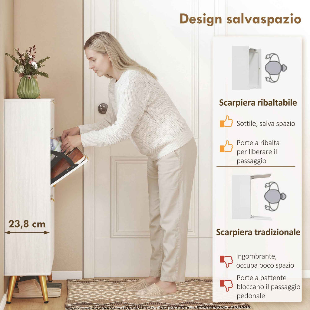HOMCOM Space-Saving Slim Shoe Rack with Flap Doors, Entryway Shoe Cabinet with Adjustable Shelves, Holds 12 Pairs, White