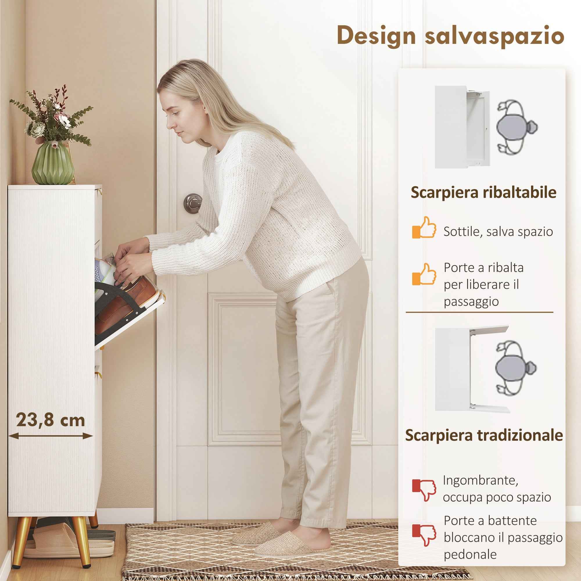 HOMCOM Space-Saving Slim Shoe Rack with Flap Doors, Entryway Shoe Cabinet with Adjustable Shelves, Holds 12 Pairs, White