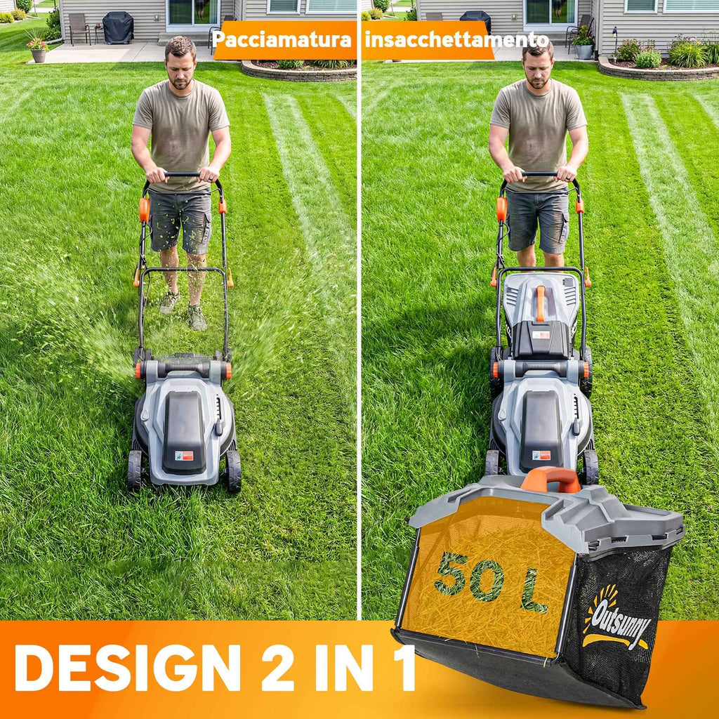 Outsunny 1800W Electric Lawn Mower with 50L Bag, Adjustable Handle, 6 Cutting Heights, Light Grey