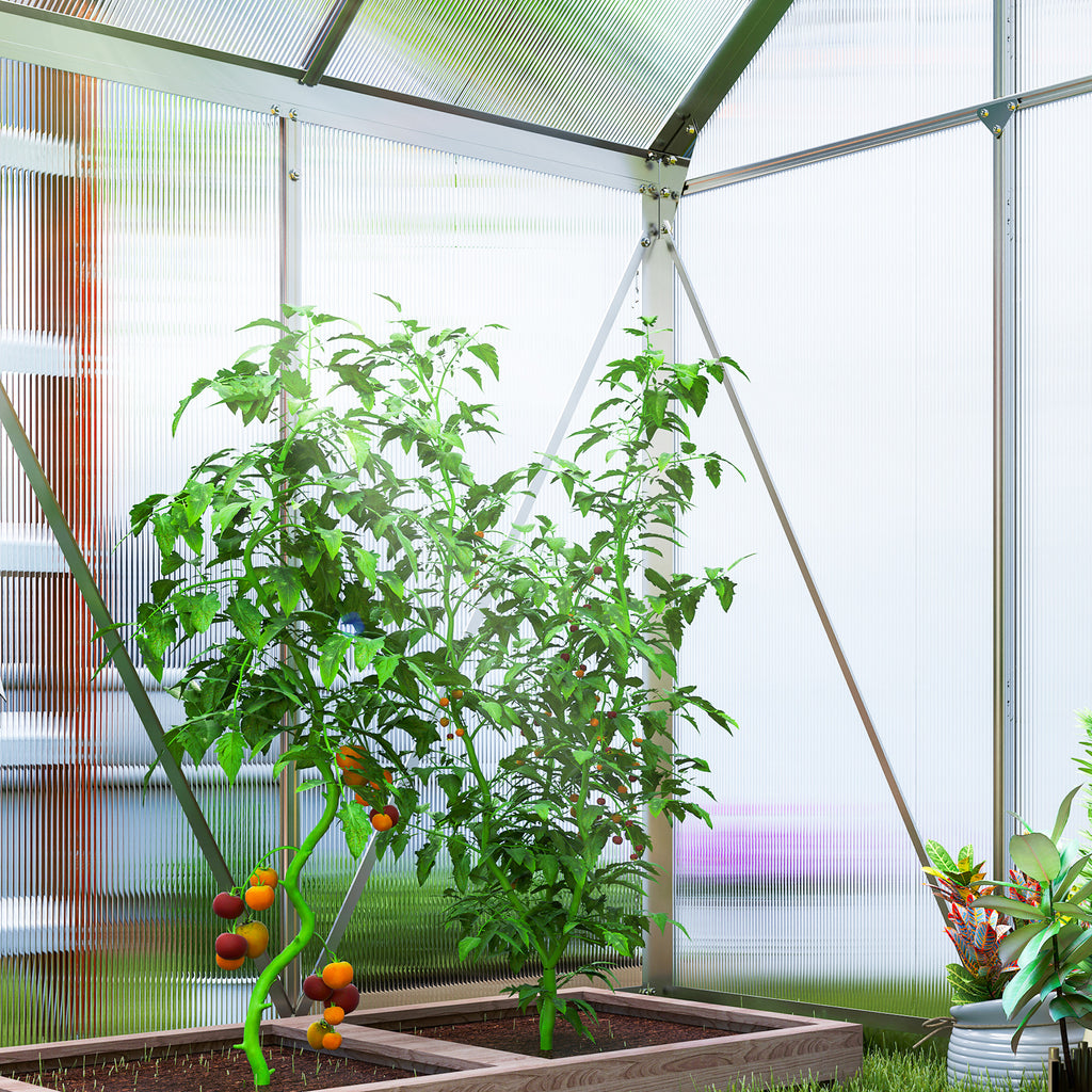 Outsunny Polycarbonate and Aluminum Greenhouse with Hinged Door and Roof Window, 192.5x131x200 cm, Silver