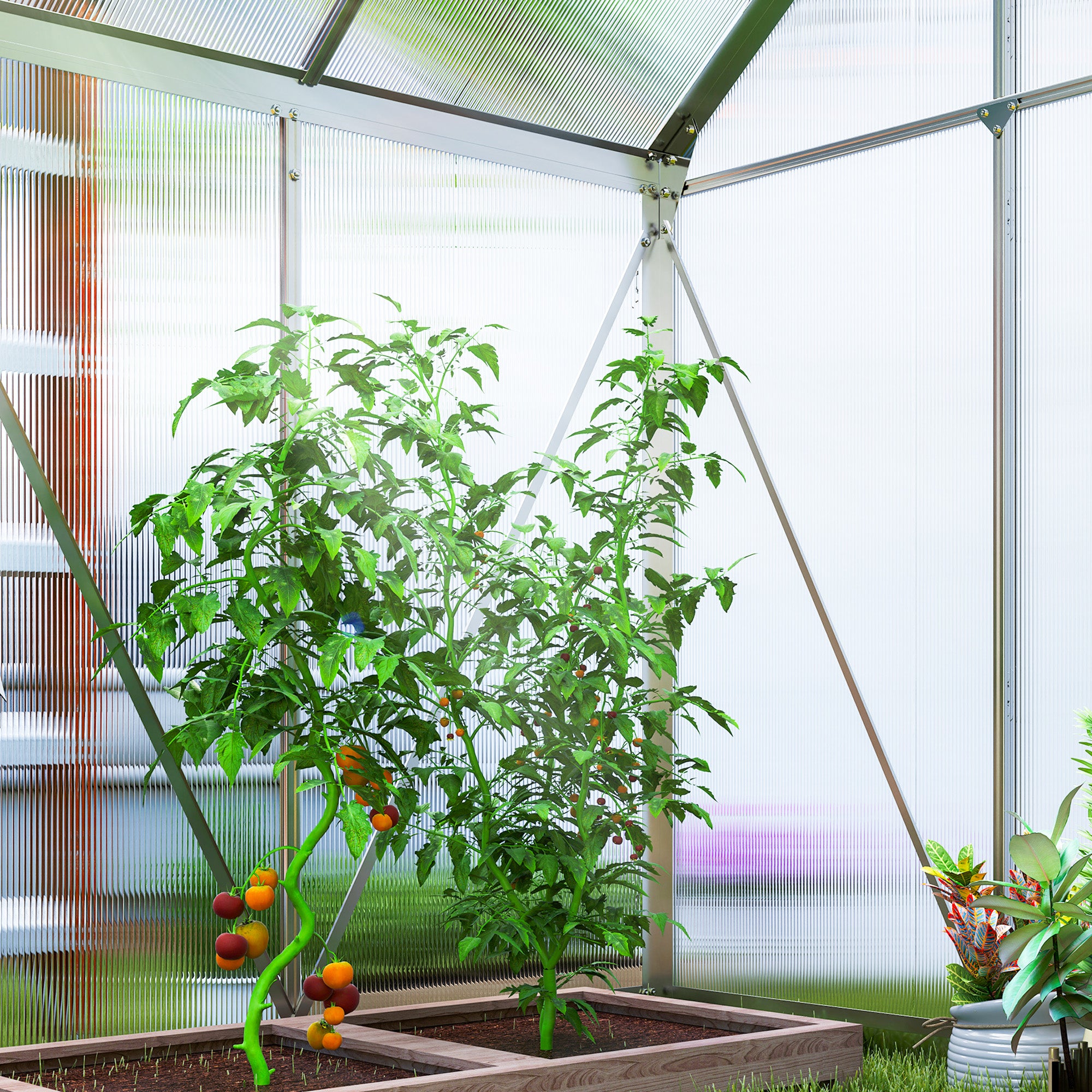 Outsunny Polycarbonate and Aluminum Greenhouse with Hinged Door and Roof Window, 192.5x131x200 cm, Silver
