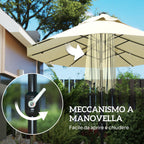 Double Parasol with LED Lights and Cross Base, in Polyester and Steel, 295x150x219 cm, Cream White
