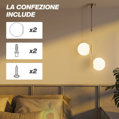 Pendant Lamp with 2 Glass Shades and Adjustable Cord, Metal, 32x15x51 cm, White and Gold