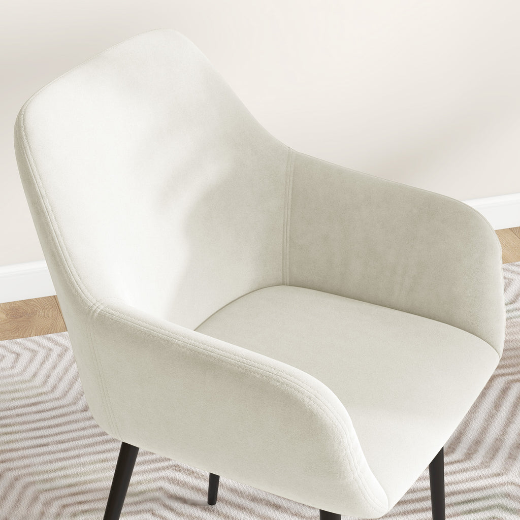 Set of 2 Nordic Dining Chairs Padded with Curved Armrests in Velvet Effect Fabric, 54x57x80 cm, Cream