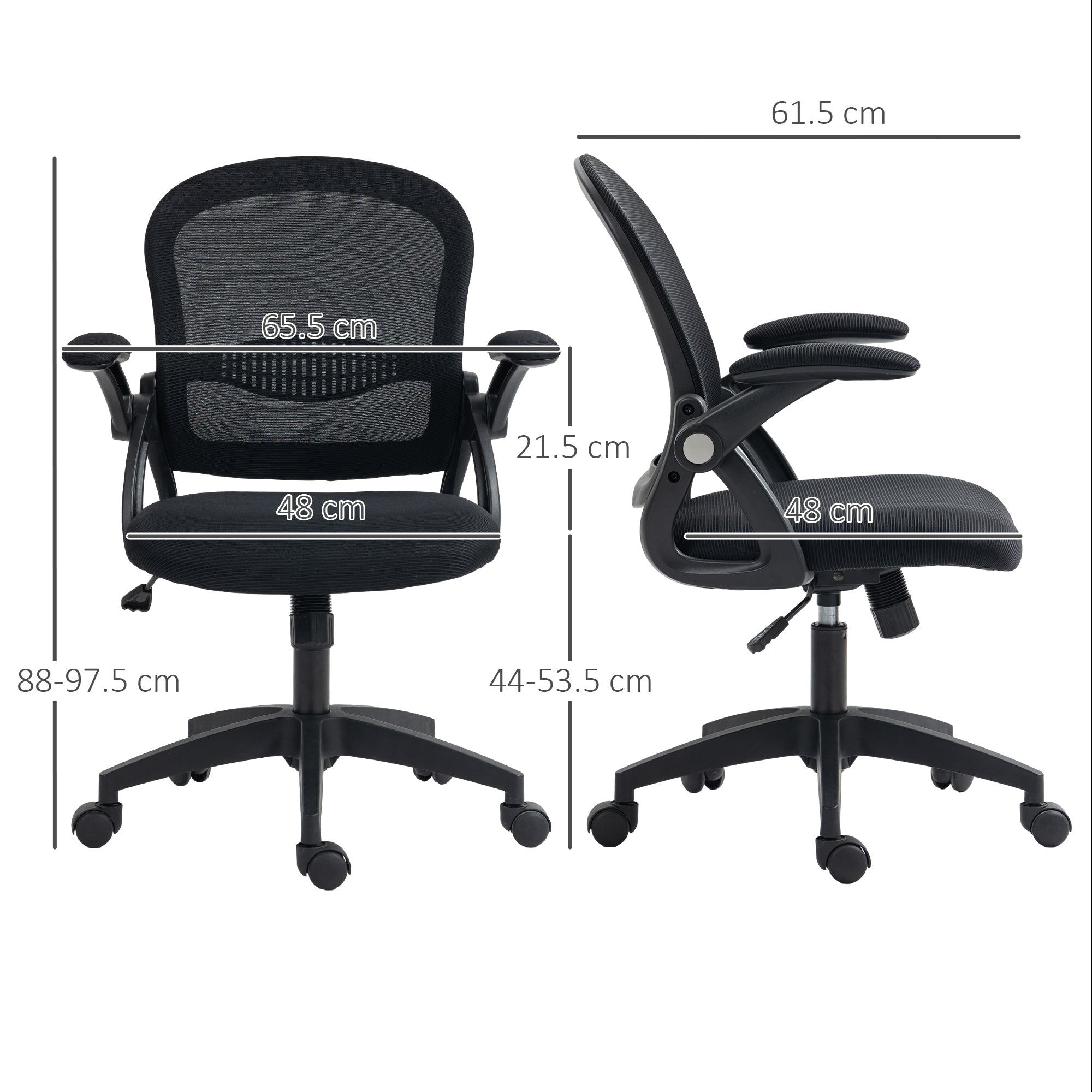 Ergonomic Office Chair with Mesh Backrest and Adjustable Height, 65.5x61.5x88-97.5cm, Black - Borgè