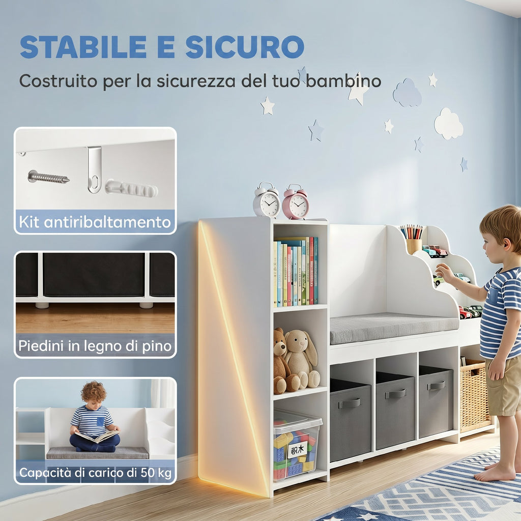 AIYAPLAY Toy Storage Rack for Children Ages 3-8 with 3-Tier Bookshelf, 3 Drawers, 4 Compartments, Cushion, White