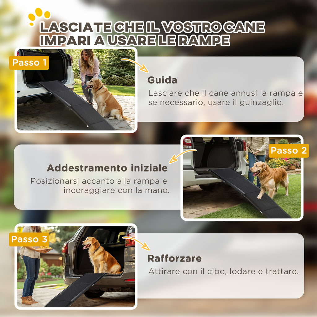 Folding Dog Ramp with Non-Slip Surface in MDF and Aluminum, 158x43.5x2.5 cm, Black