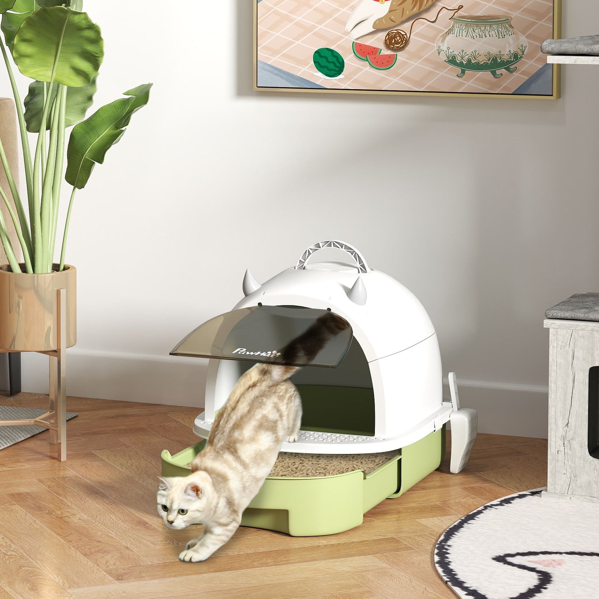 Closed Cat Litter Box with Removable Tray, Scoop and Activated Carbon Filter, Multicolor