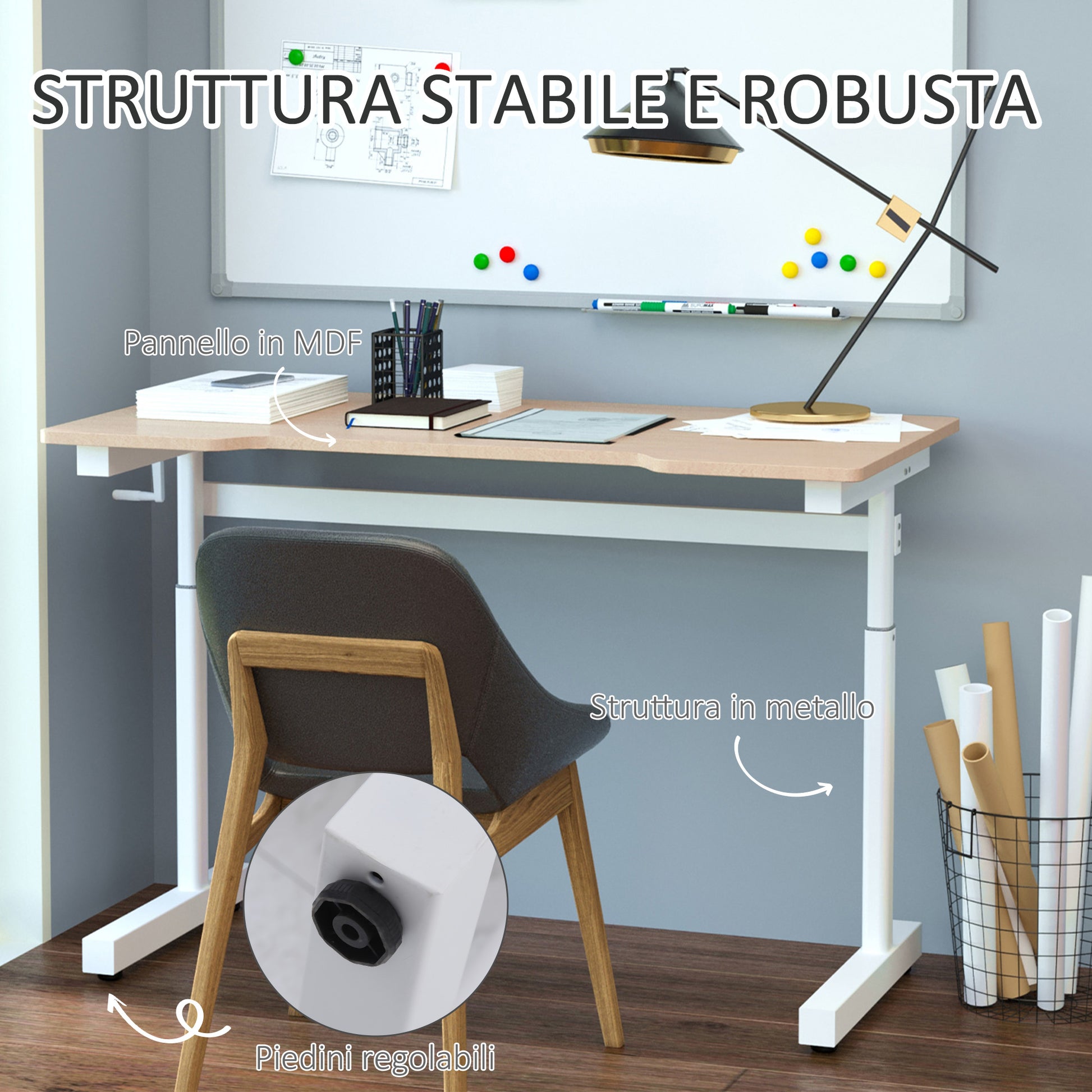 Height adjustable desk with manual craft adjustment, 120x60x72-117cm, white - Borgè