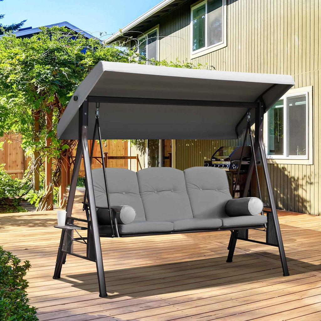 Outsunny 3-Seater Garden Swing with Adjustable Canopy, Cup Holder and Cushions, 208x121x172 cm, Light Grey