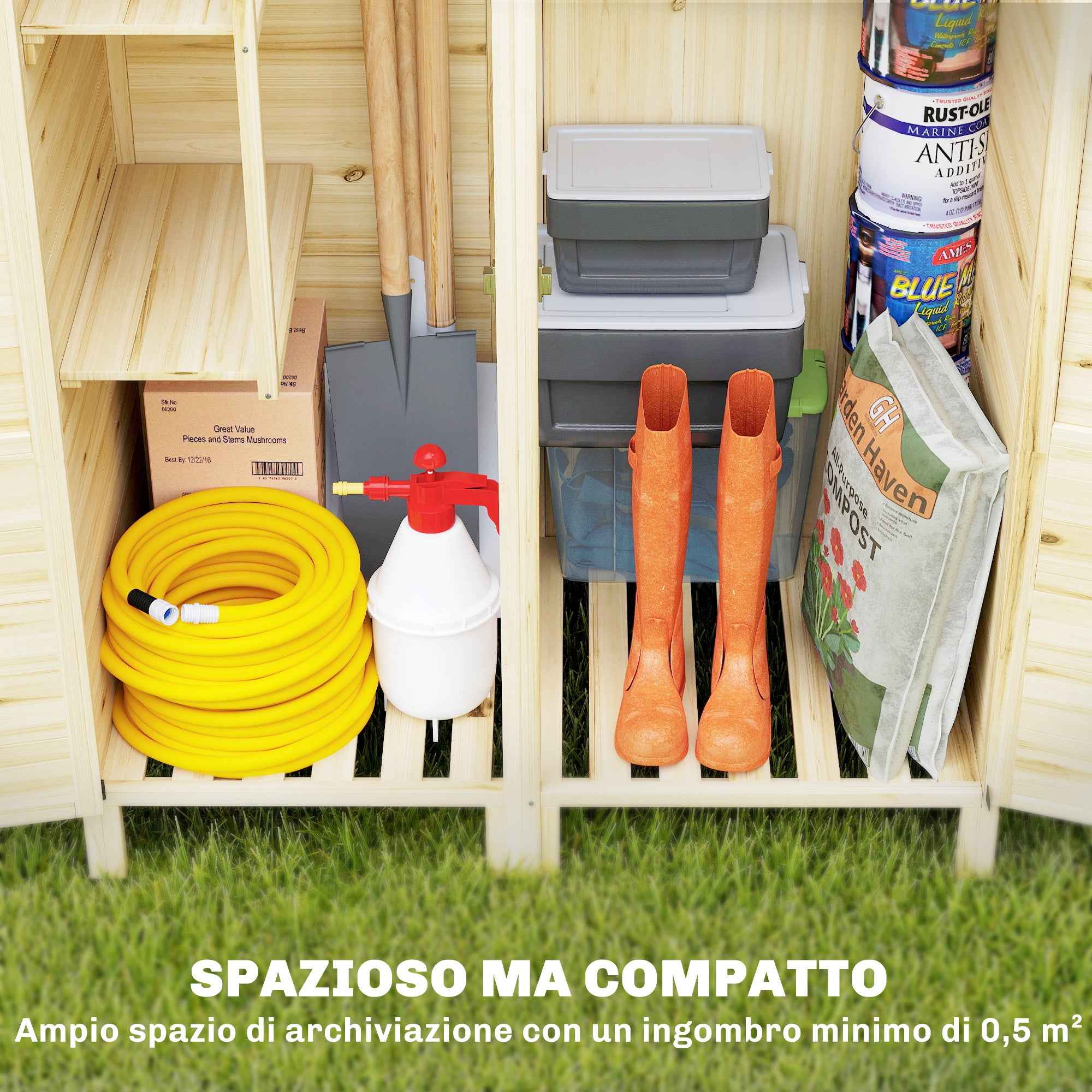 Outsunny 2-Zone Tool Shed with Adjustable Shelves and Window, Fir Wood, 106x57x167 cm, Wood Color