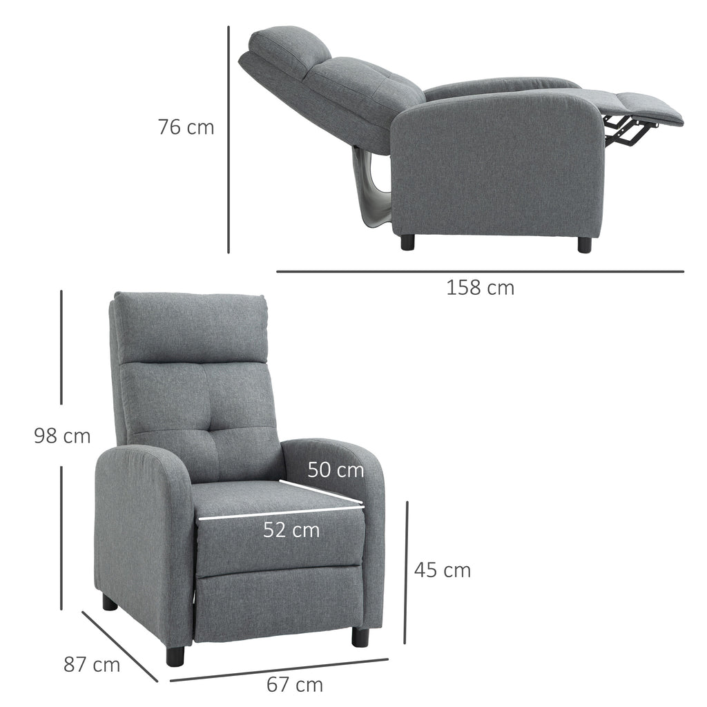 155° Max Reclining Chair in Grey Linen Effect Fabric with Footrest, 67x87x98 cm