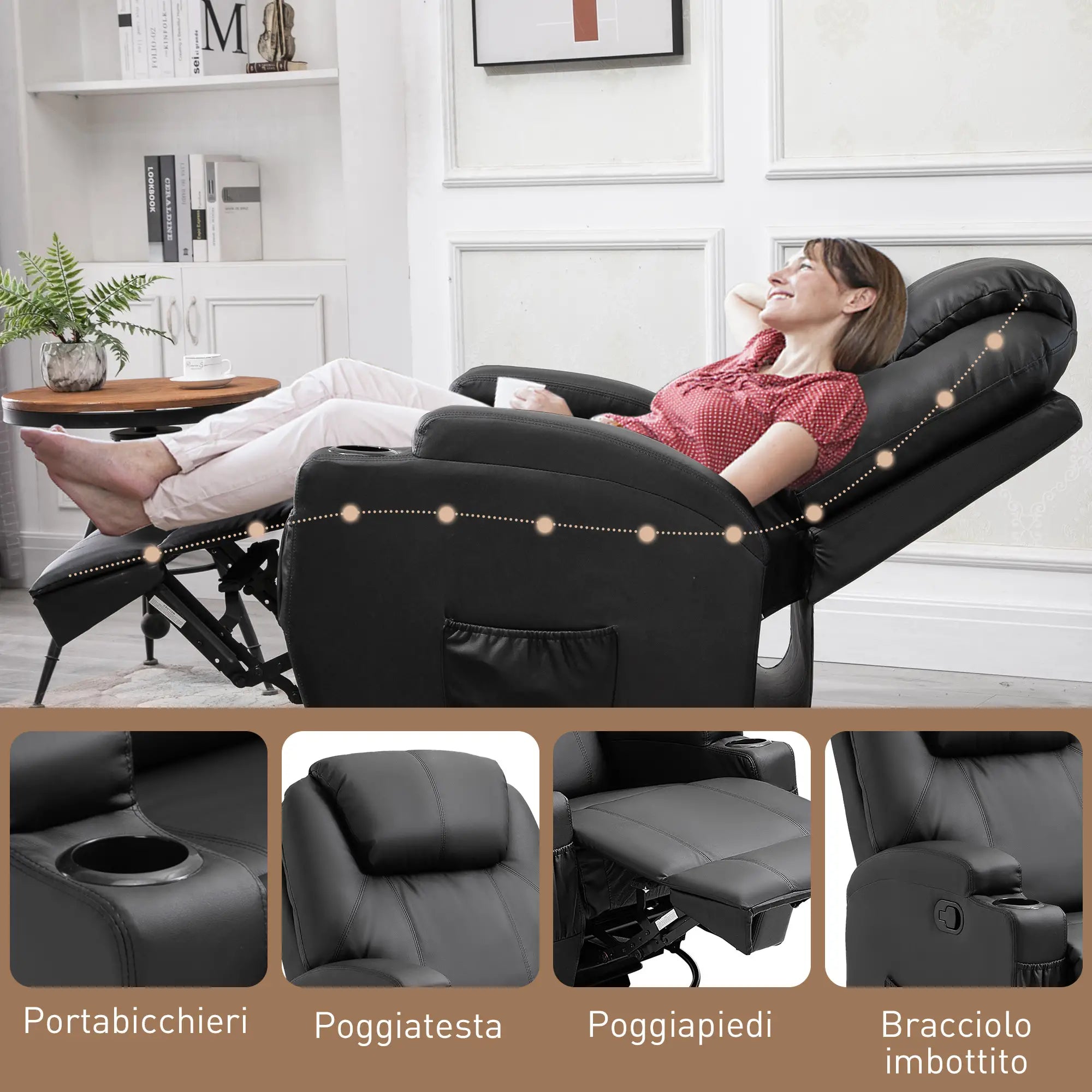 Massage Relax Chair with 8 Points, 5 Modes and 2 Intensities, Reclining with Footrest and Swivel, 84x92x109cm, Black