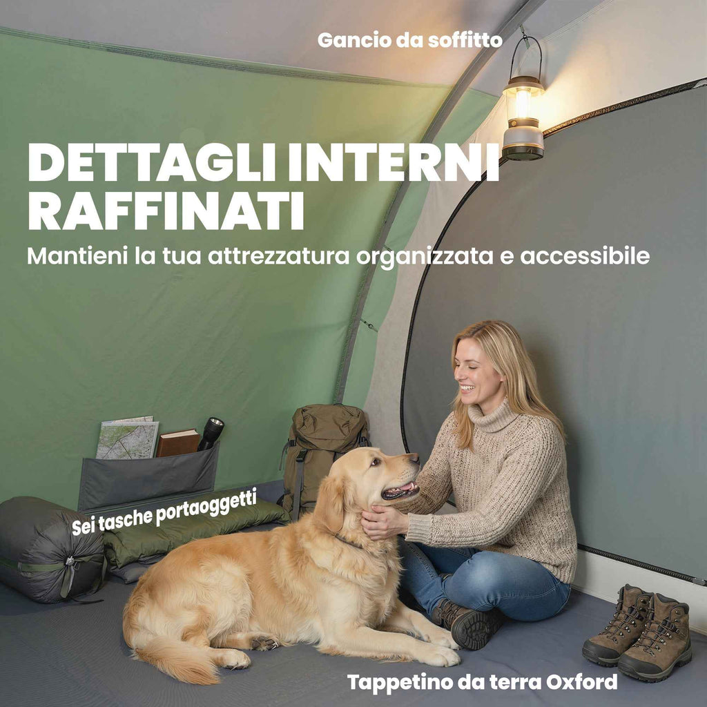 Outsunny Large Multi-Room Tent for 2-4 People, with Windows and Veranda, Green