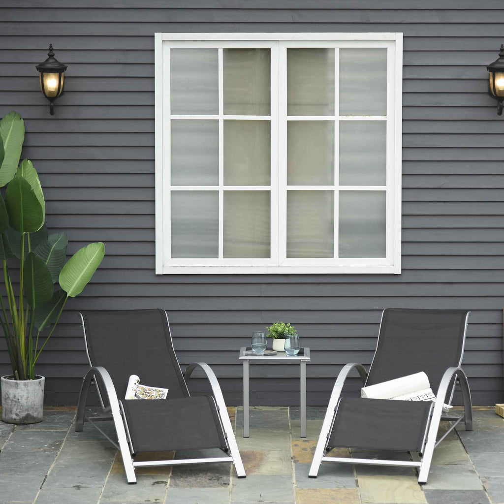 Outsunny Set of 2 Garden Loungers and Glass Table, Sun Lounger with Breathable Fabric, 59x169x66cm, Black and Grey