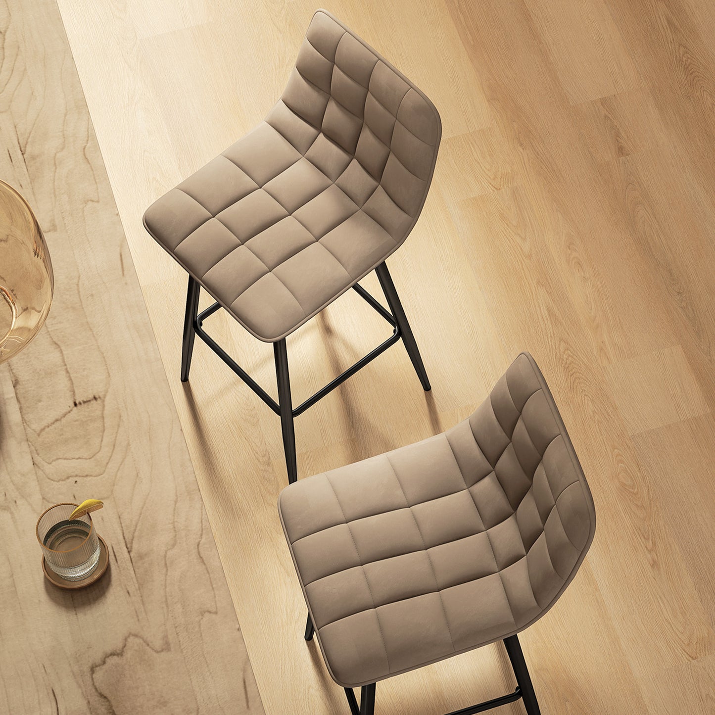 Set of 2 Nordic Style Kitchen Stools in Velvet and Metal Effect Fabric, 45x47x84 cm, Brown