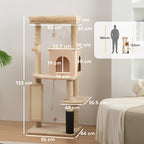Multi-Level Cat Tree, 132 cm Tall, with House, Bed, Scratching Posts, Brush and Ball, Beige
