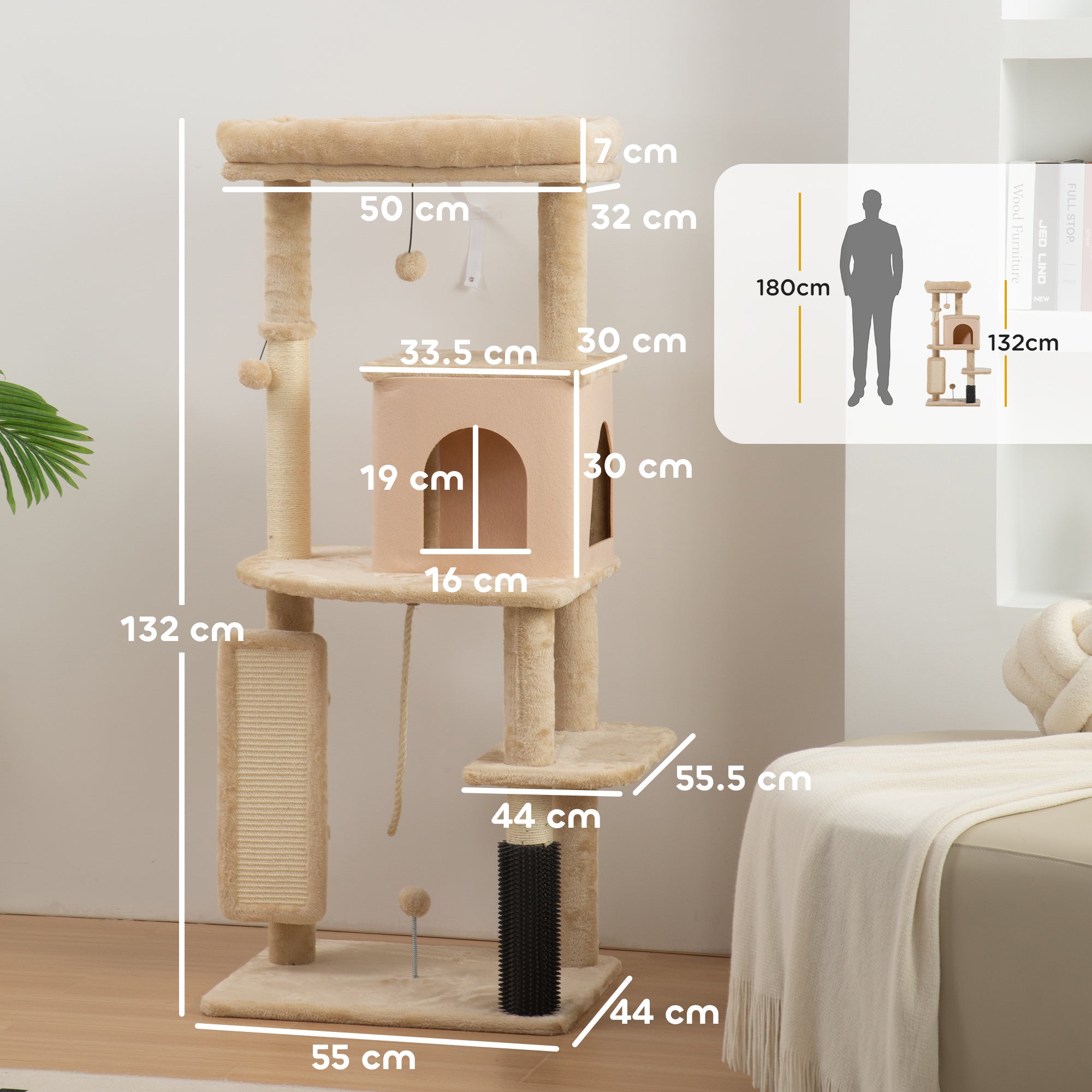 Multi-Level Cat Tree, 132 cm Tall, with House, Bed, Scratching Posts, Brush and Ball, Beige
