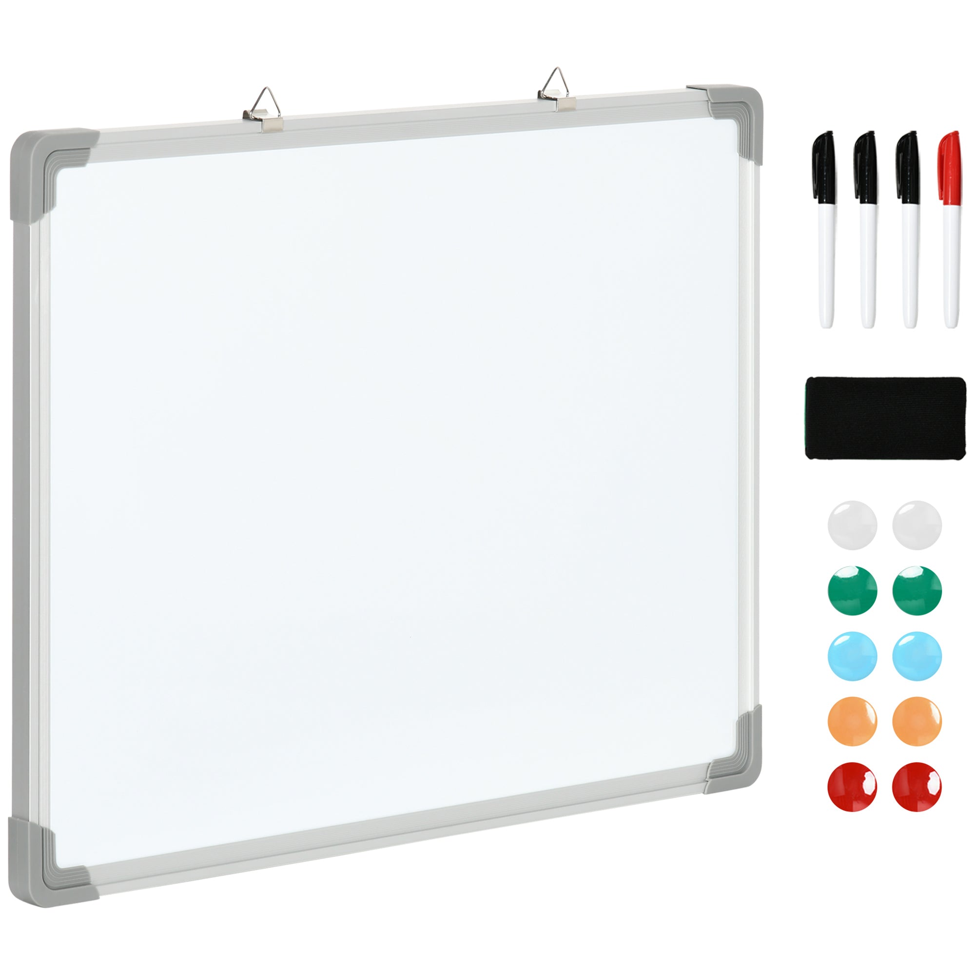 Magnetic Wall Whiteboard with Eraser, Markers and Magnets, in Aluminium, 60x1.8x45 cm, White - Borgè