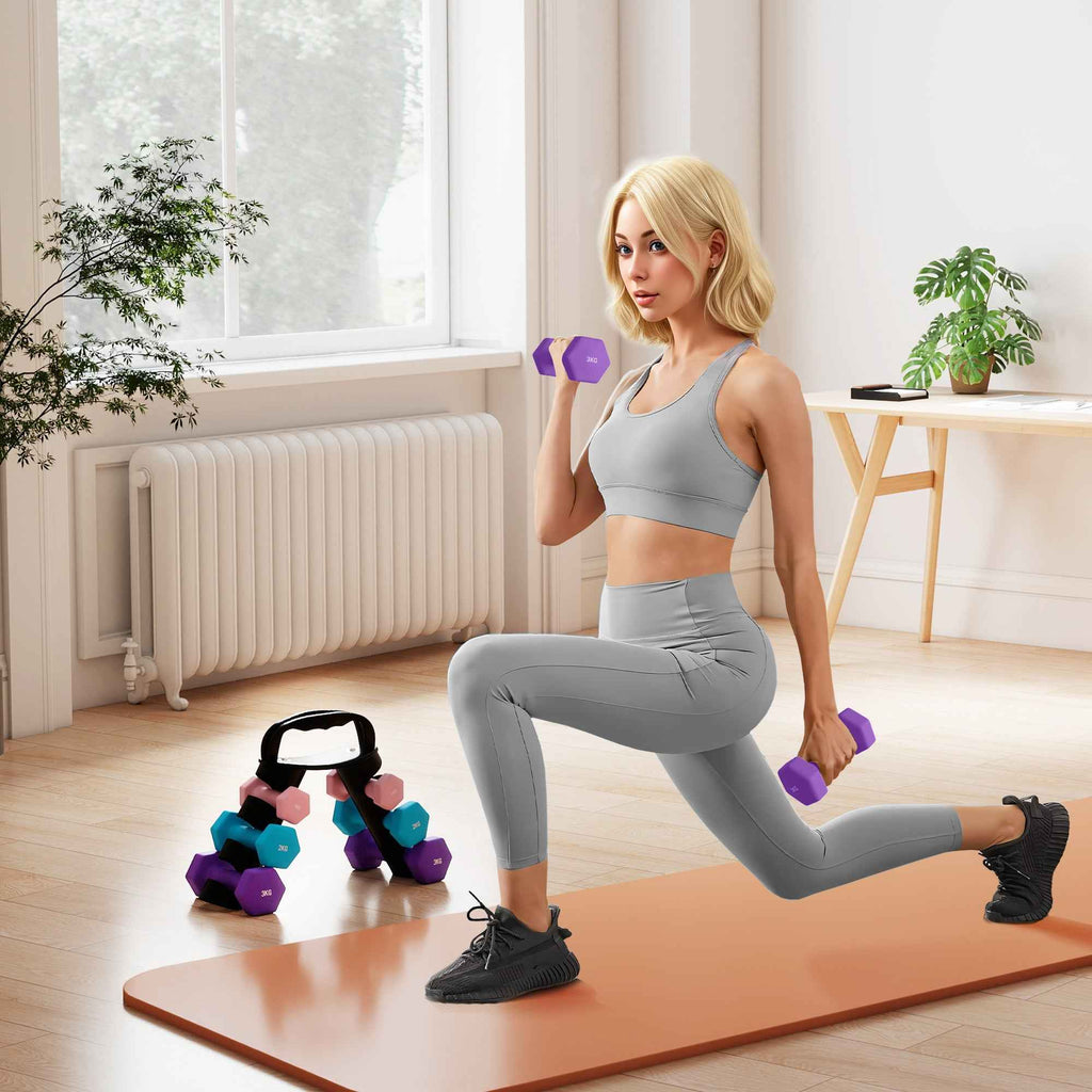 SPORTNOW Set of 6 Dumbbell Weights (2x1 kg, 2x2 kg, 2x3 kg) of 12 kg with Stand/Kettlebell, in Metal and PP Pink, Blue and Purple