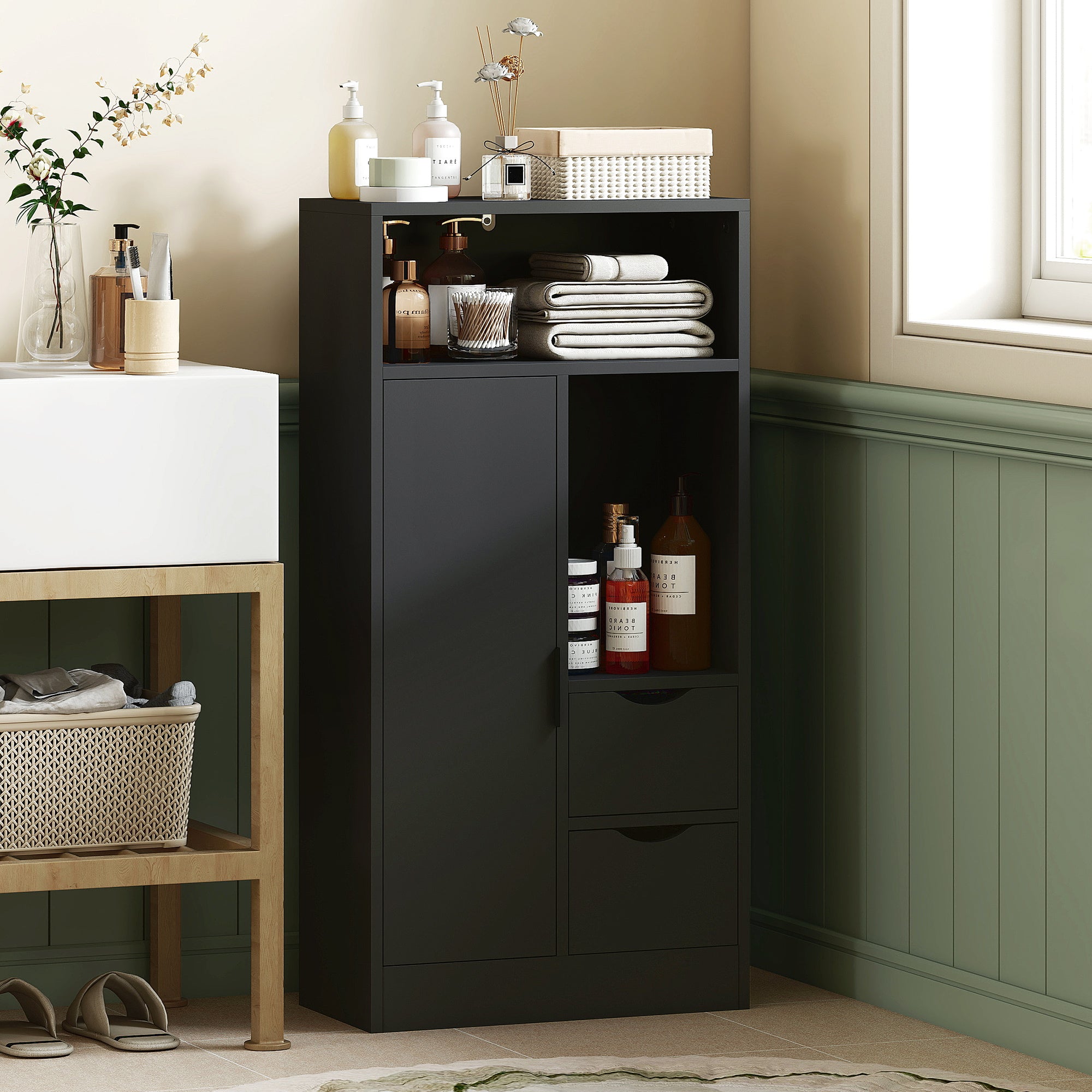 HOMCOM Bathroom Cabinet with 2 Drawers, Open Compartment and Adjustable Shelves for Small Spaces, 50x25x100 cm, White