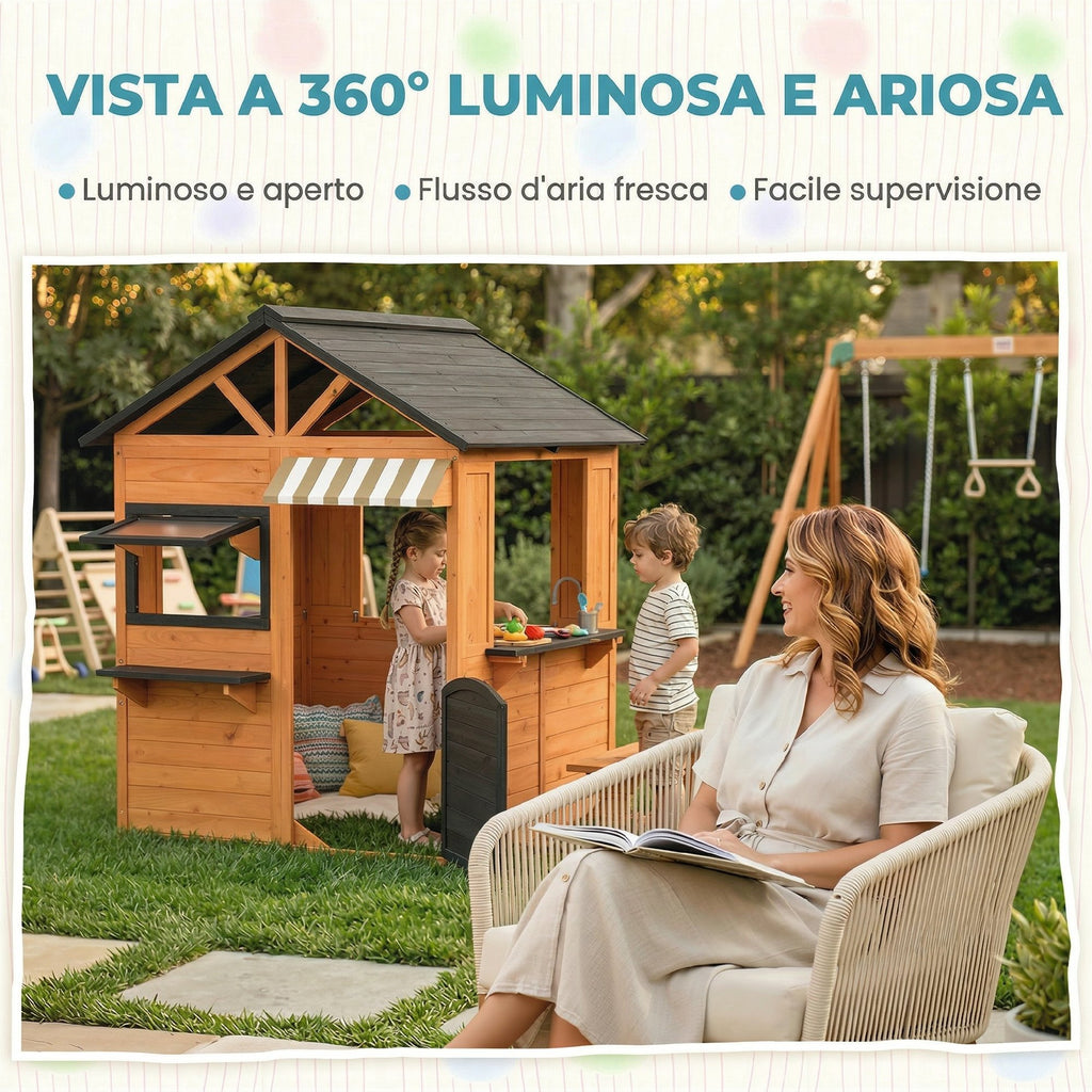 AIYAPLAY Children's Garden Playhouse Made of Fir Wood with Snack Bar, Windows, Half Door, Bench and Brown Roof