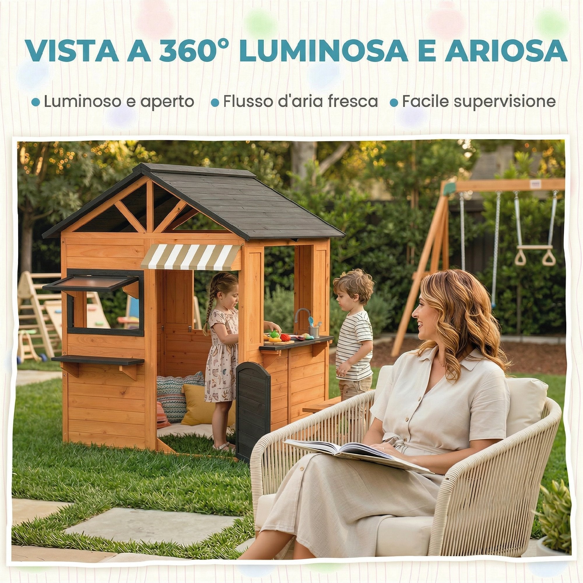 AIYAPLAY Children's Garden Playhouse Made of Fir Wood with Snack Bar, Windows, Half Door, Bench and Brown Roof