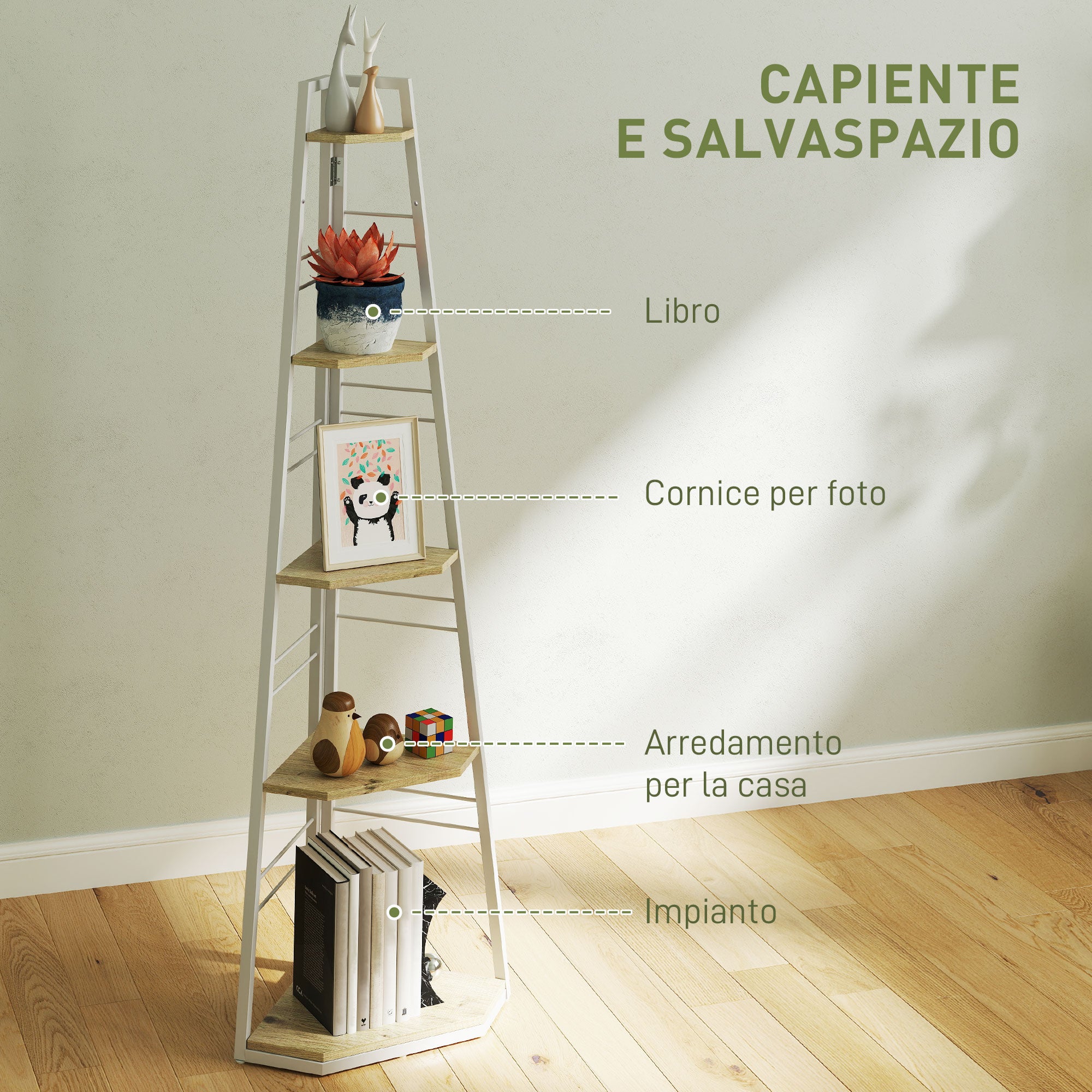 5-Tier Corner Bookcase with Folding Frame and Adjustable Feet, Wood Color