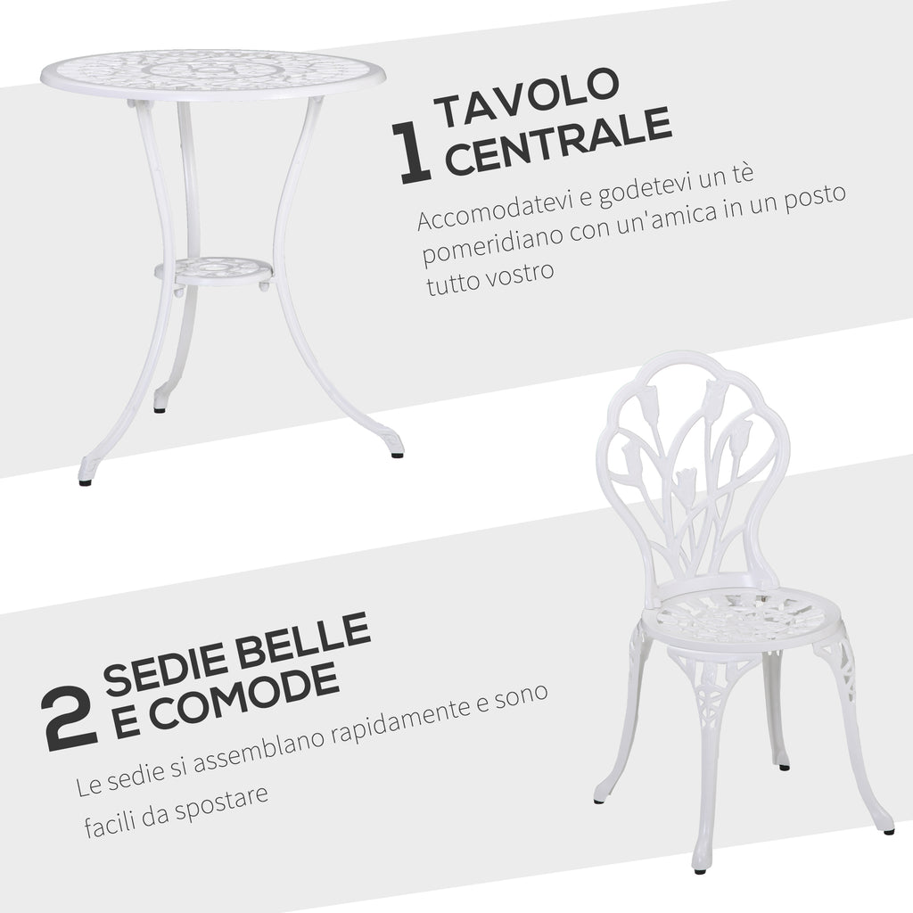 3-Piece Garden Set in Aluminum with 2 Chairs 42.5x47.5x89 cm and Round Table Ø60x67 cm, White - Borgè