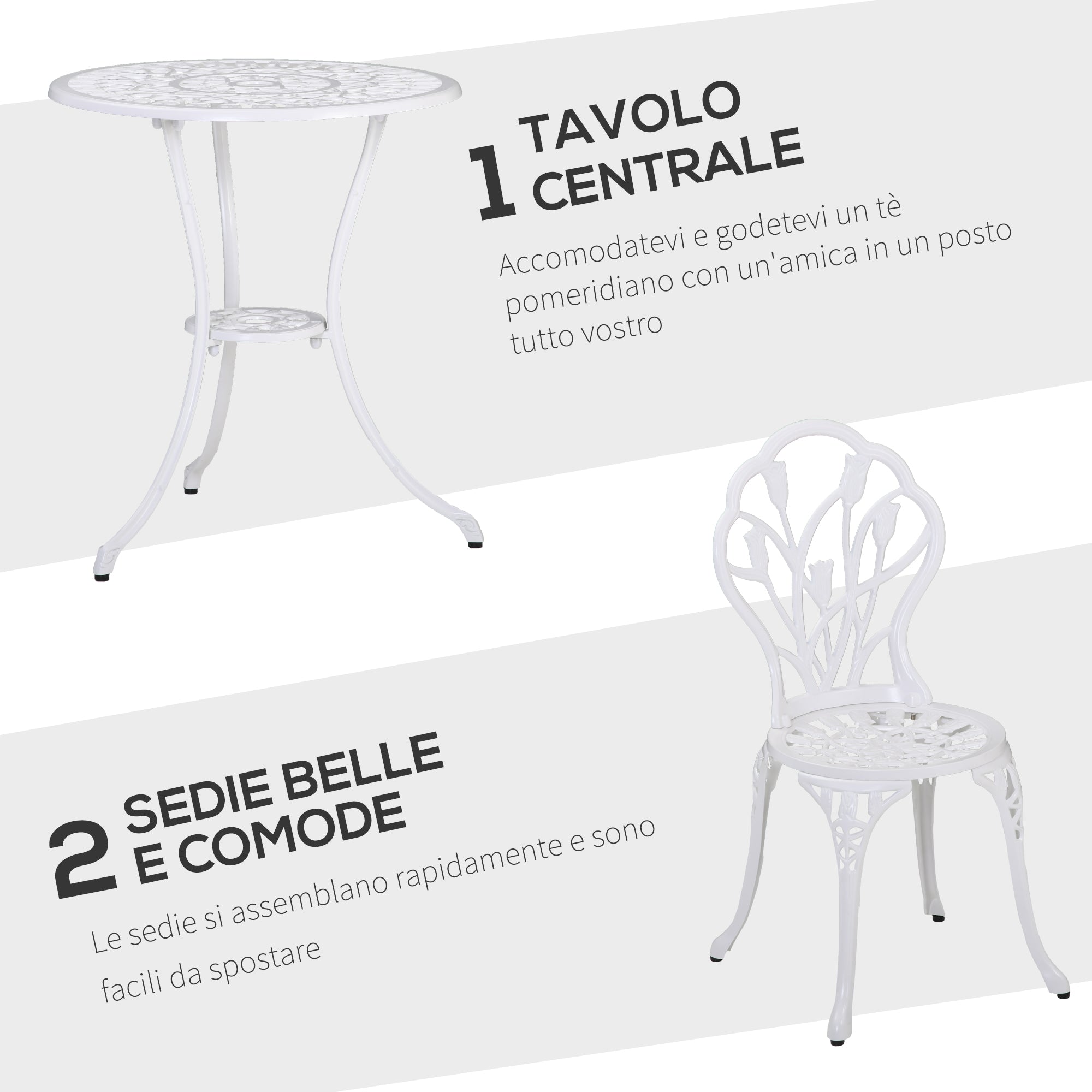 3-Piece Garden Set in Aluminum with 2 Chairs 42.5x47.5x89 cm and Round Table Ø60x67 cm, White - Borgè