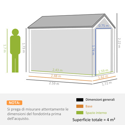 Garden Shed Tool Storage in Galvanized Steel and PP with Window, 259x172x222 cm, Grey and White