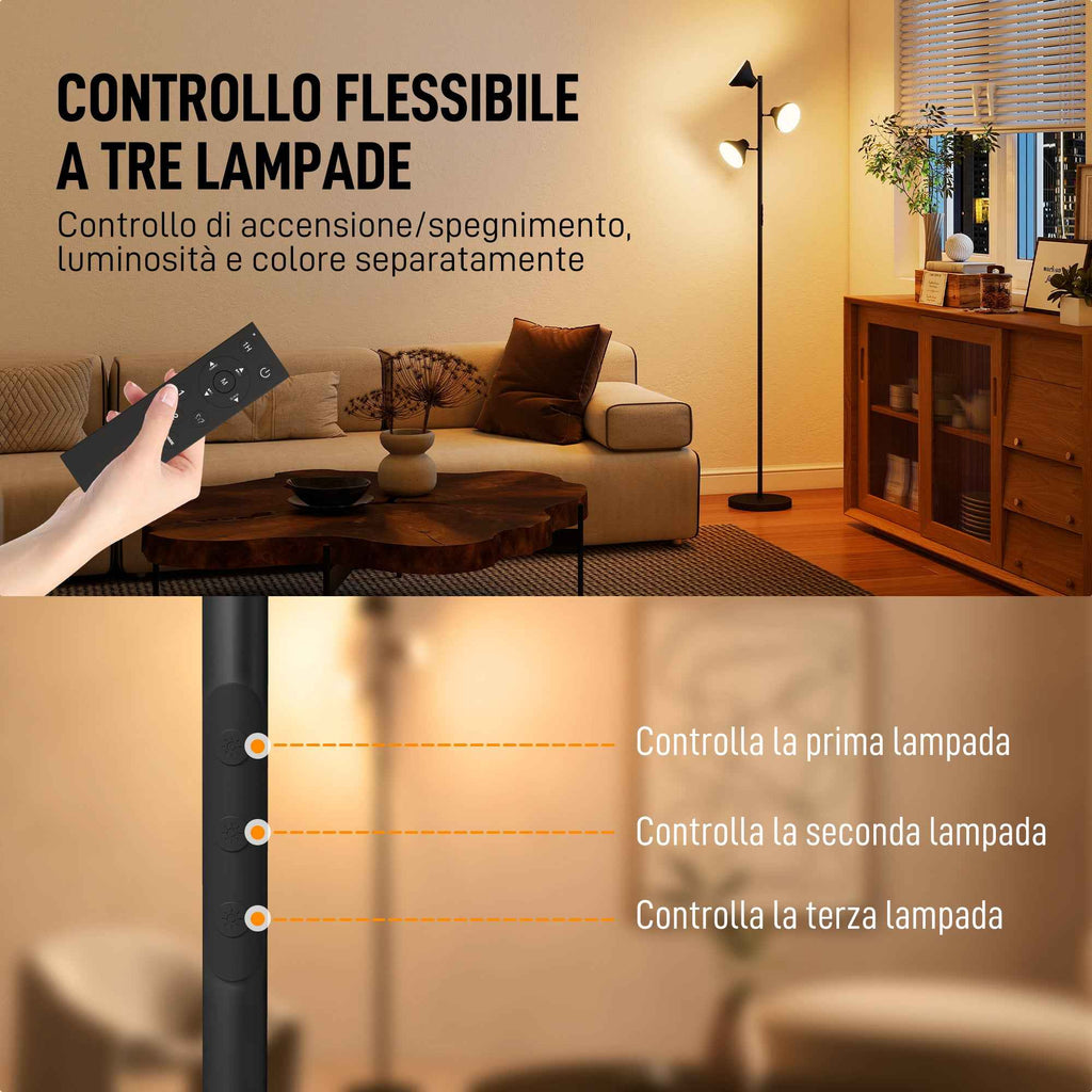 HOMCOM Floor Lamp with 3 Independent Adjustable Heads, Remote Control and Timer, in Steel and Plastic, Ø25x170 cm, Black