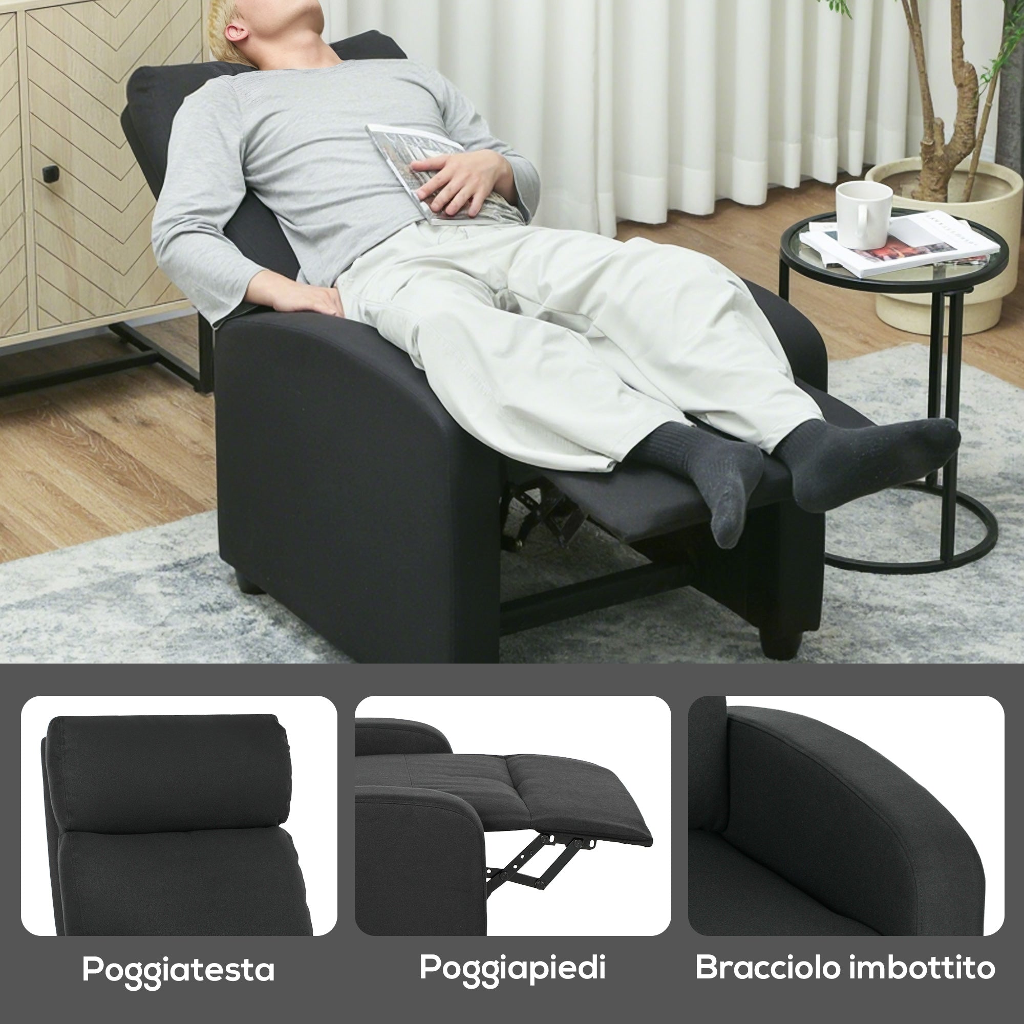 Manually Reclining Relaxing Chair with Footrest and Fabric Upholstery, Black