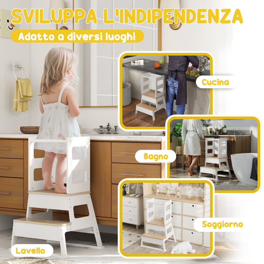 Montessori Tower for Children with Blackboard and Railing, Wooden, 55x52.5x87.5 cm, White and Wood color