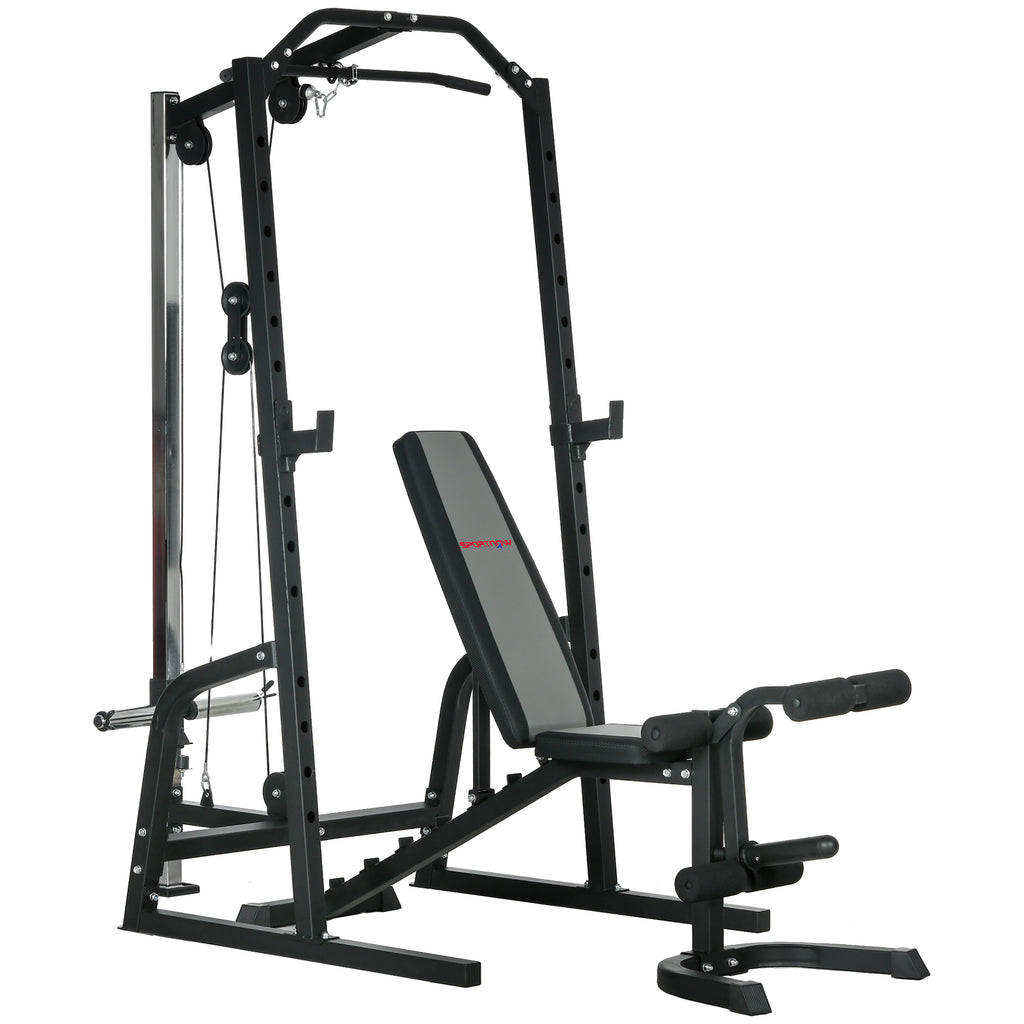 Multifunctional Power Tower with Abdominal Bench and Adjustable Barbell Rack, Black