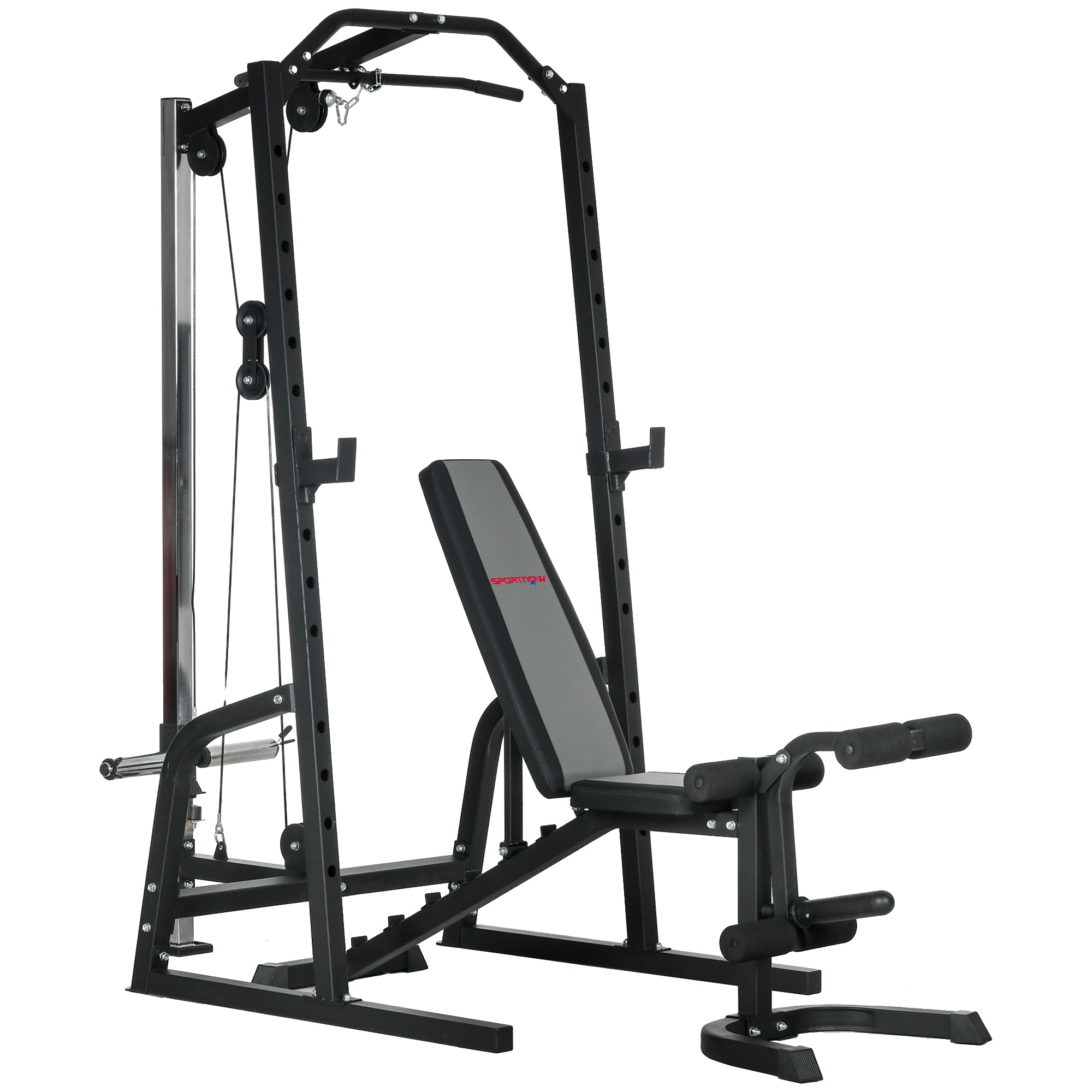 Multifunctional Power Tower with Abdominal Bench and Adjustable Barbell Rack, Black