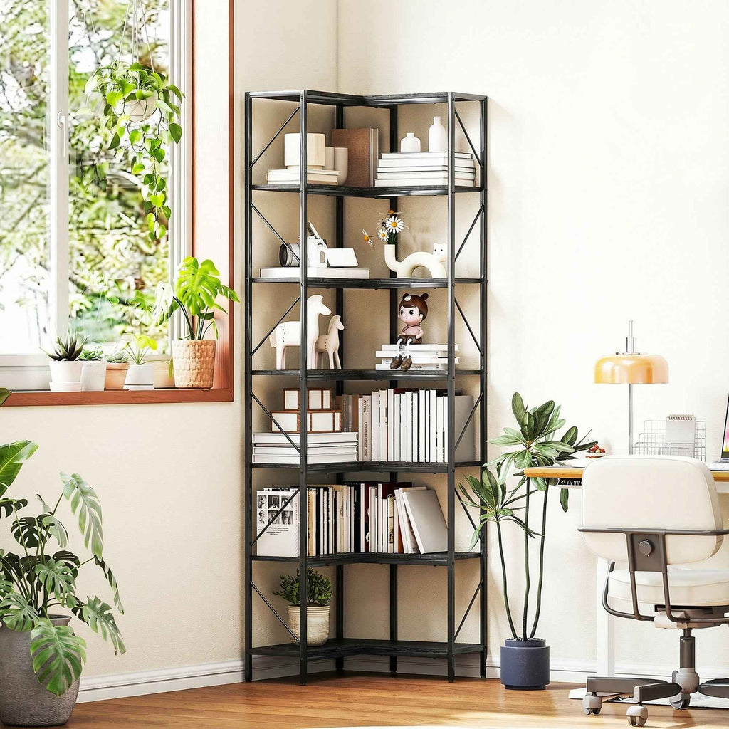 7-Tier Corner Bookcase, Industrial Shelf, Black Wood Effect