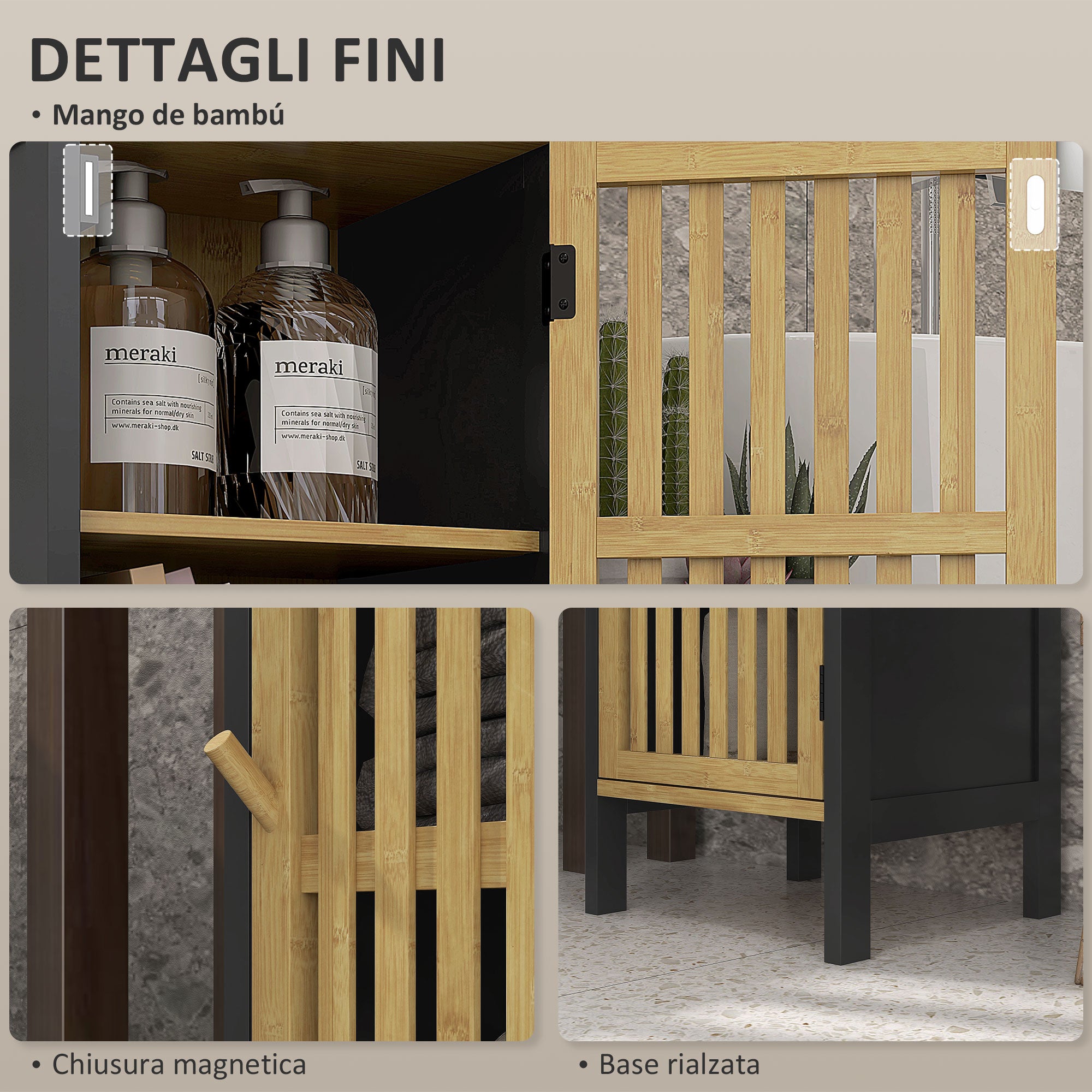 HOMCOM Bathroom Cabinet with Open Shelf and Cabinet, in MDF and Bamboo, 32x30x90.5 cm, Black and Wood Color - Borgè