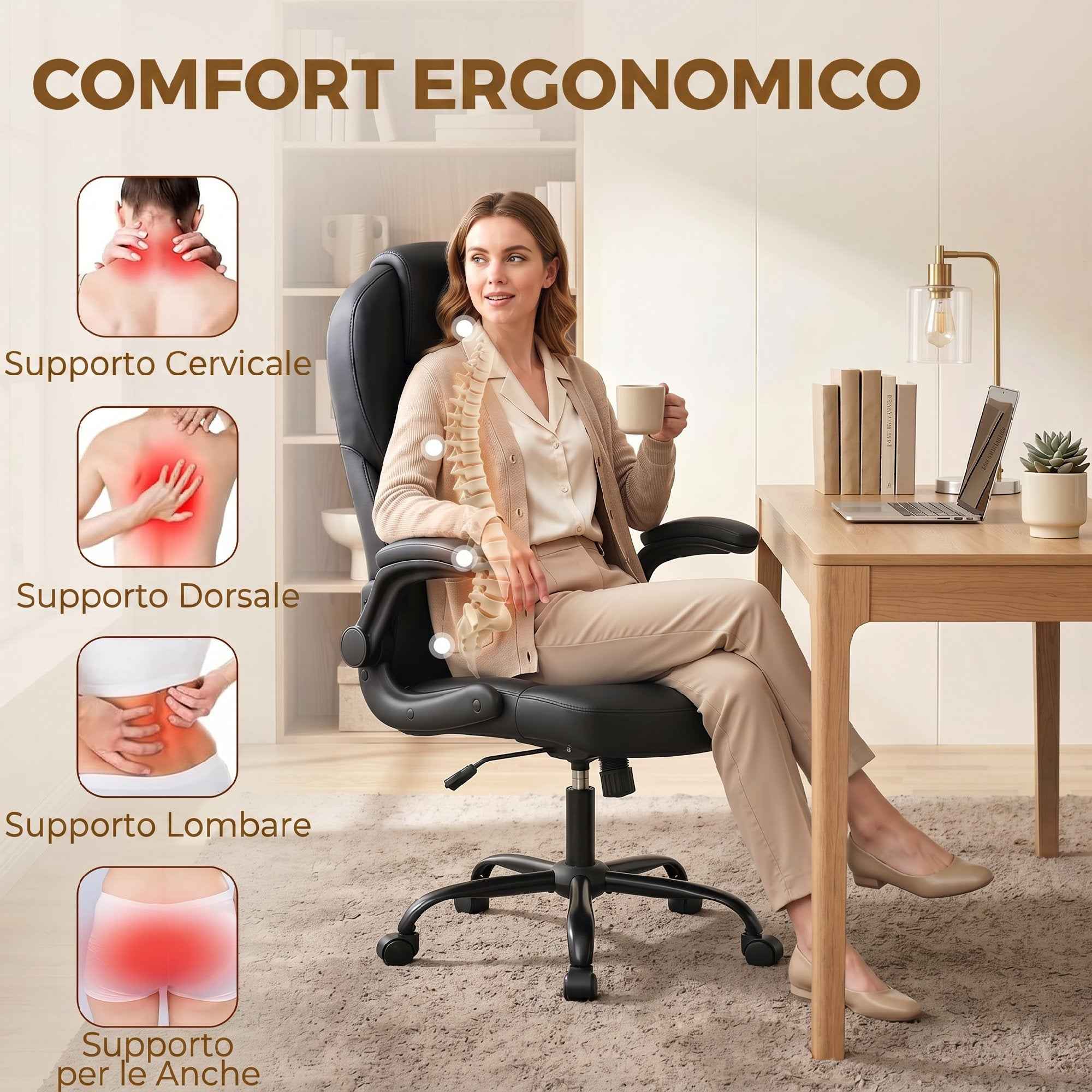 HOMCOM Swivel Office Chair, Rocking Function, Foldable Armrests, High Backrest, Adjustable Height, Black