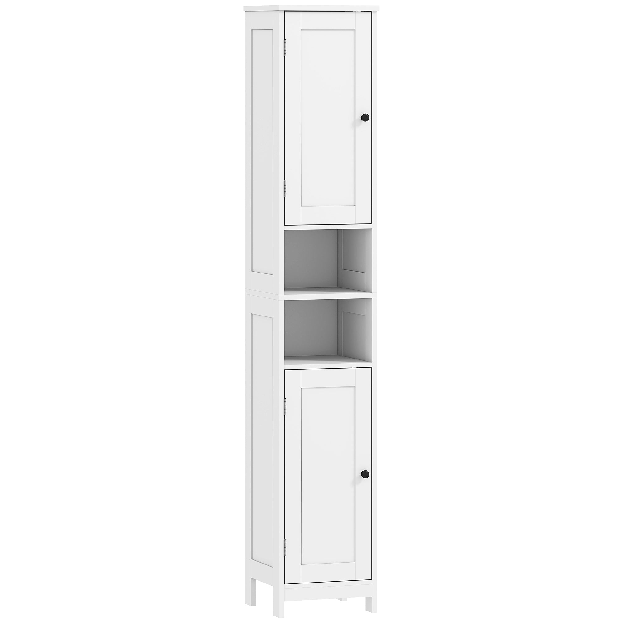 Tall Bathroom Cabinet with 2 Open Shelves and 2 Adjustable Shelving Cabinets, Wooden, 30x30x170 cm, White